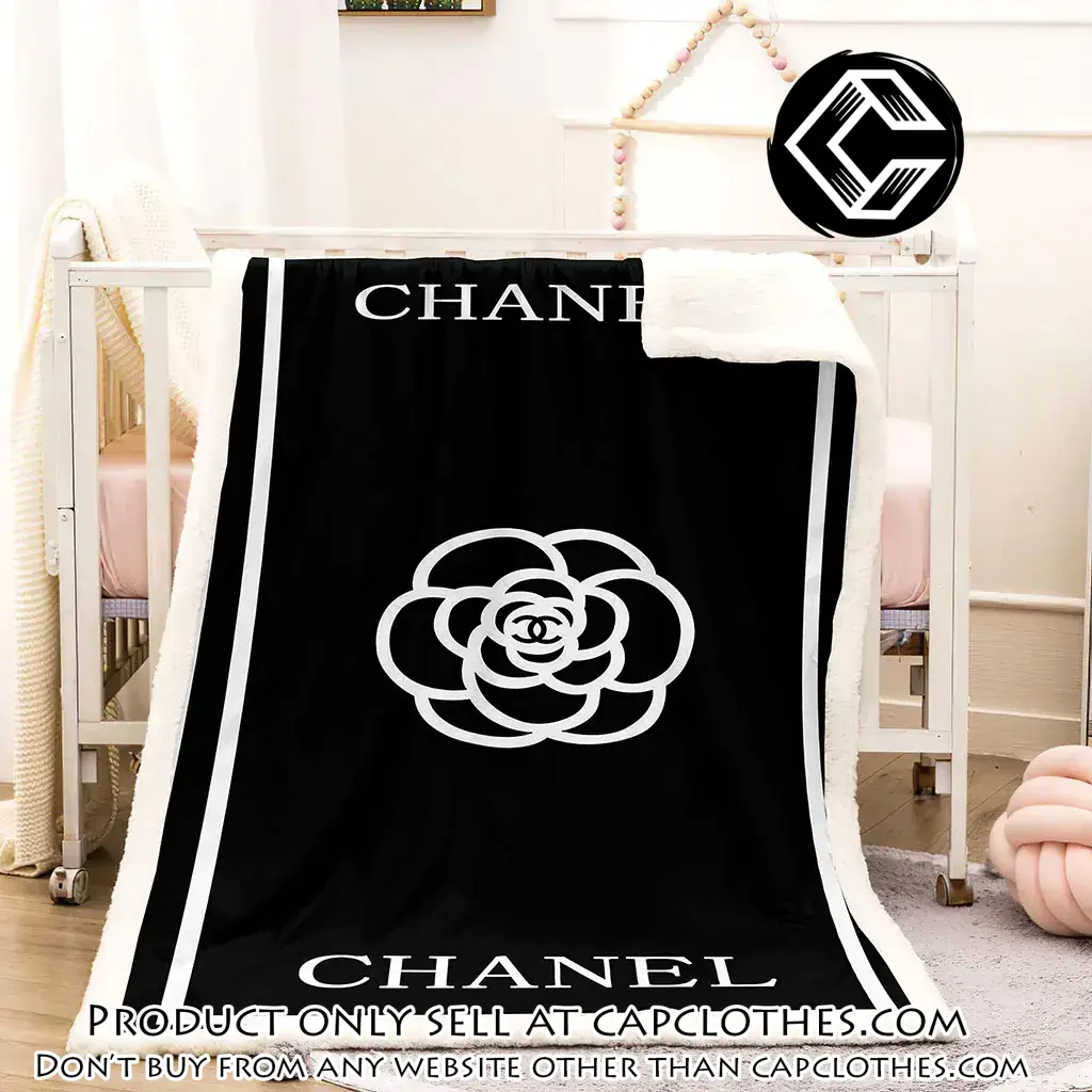 Chanel white flower black luxury brand premium blanket fleece home decor cc4404251